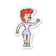 retro distressed sticker of a cartoon woman in spectacles waving