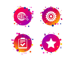 Star favorite and globe with mouse cursor icons. Checklist and cogwheel gear sign symbols. Gradient circle buttons with icons. Random dots design. Vector