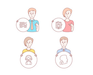 People hand drawn style. Set of Support, Parking place and Elevator icons. Unlock system sign. Call center, Transport, Lift. Access granted.  Character hold circle button. Man with like hand. Vector