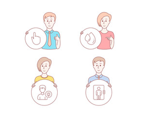 People hand drawn style. Set of Oil drop, Hand click and Person idea icons. Elevator sign. Serum, Location pointer, Lamp energy. Office transportation.  Character hold circle button. Vector