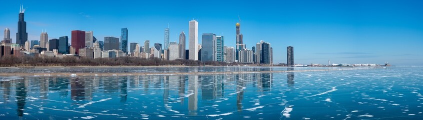 Fototapeta na wymiar Chicago Skyline frozen lake Michigan reflections banner panorama
