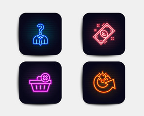 Neon glow lights. Set of Delete order, Hiring employees and Euro money icons. Share idea sign. Clean basket, Human resources, Cash. Solution.  Neon icons. Glowing light banners. Vector