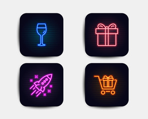 Neon glow lights. Set of Startup rocket, Gift box and Wine glass icons. Shopping cart sign. Business innovation, Present package, Bordeaux glass. Gift box.  Neon icons. Glowing light banners. Vector
