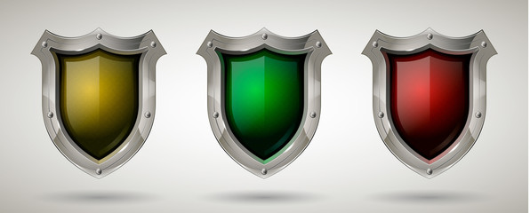 Set of security shield with metal frame and safety glass. Realistic style. Isolated background. Network, cyber security or information protection concept for poster, web design, banner, icon, logo or