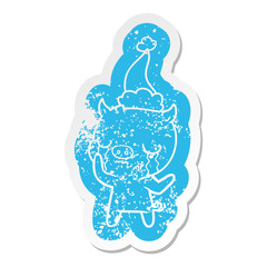 cartoon distressed sticker of a pig crying wearing santa hat
