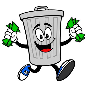 Trash Can Mascot running with Money - A vector cartoon illustration of a aluminum Trash Can mascot running with Money.