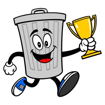 Trash Can Mascot running with a Trophy - A vector cartoon illustration of a aluminum Trash Can mascot running with a Trophy.