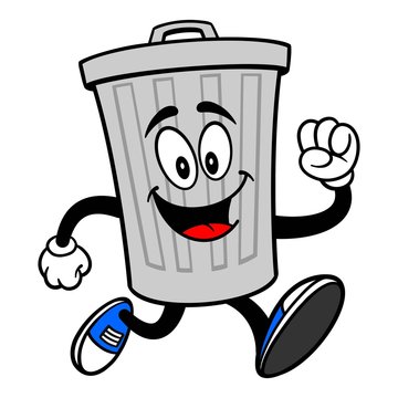Trash Can Mascot Running - A vector cartoon illustration of a aluminum Trash Can mascot running.