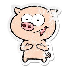distressed sticker of a cheerful pig cartoon