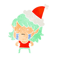 retro cartoon of a crying elf girl wearing santa hat