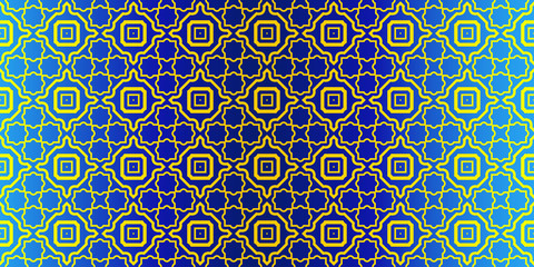 Seamless Geometrical Linear Texture. Original Geometrical Puzzle. Backdrop. Vector Illustration. For Design, Wallpaper, Fashion, Print. Blue yellow color