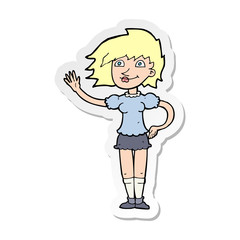 sticker of a cartoon woman waving