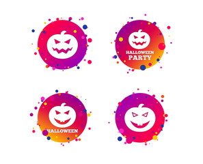 Halloween pumpkin icons. Halloween party sign symbol. All Hallows Day celebration. Gradient circle buttons with icons. Random dots design. Vector