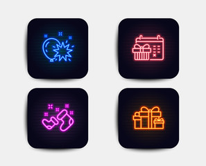 Neon glow lights. Set of Santa boots, Christmas calendar and Balloon dart icons. Holiday presents sign. New year, Presents day, Attraction park. Gift boxes.  Neon icons. Glowing light banners. Vector