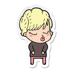 sticker of a cartoon woman with eyes shut