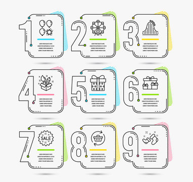 Infographic template with numbers 9 options. Set of Refresh cart, Sale and Creativity icons. Gift box, Ferris wheel and Surprise boxes signs. Balloon dart, Roller coaster and Santa boots symbols