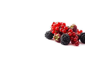 Ripe raspberries, red currants and blackberries. Background of mix fruits with copy space for text. Mix berries on white background. Various fresh summer. Black and red berry.