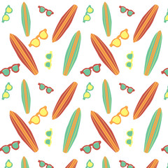 Surfboard and sunglasses vector summer pattern