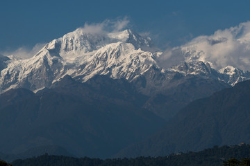 Uitzicht op de Kangchenjunga-bergketen, Great Himalaya Range, Sikkim, India