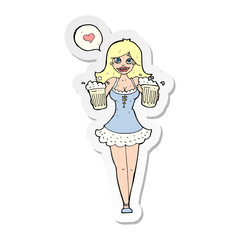 sticker of a cartoon woman serving beer