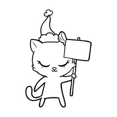 cute line drawing of a cat with sign wearing santa hat