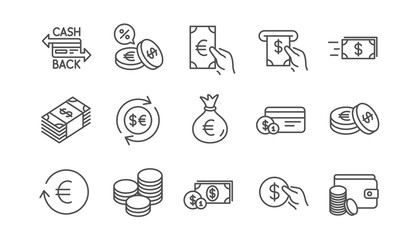 Money and payment line icons. Cash, Wallet and Coins. Account cashback linear icon set.  Vector