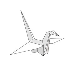 White paper crane with shadow in trendy flat style. Origami icon isolated on white background. Vector illustration.