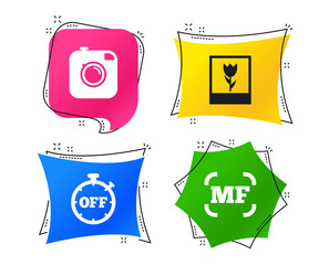 Hipster retro photo camera icon. Manual focus symbols. Stopwatch timer off sign. Macro symbol. Geometric colorful tags. Banners with flat icons. Trendy design. Vector