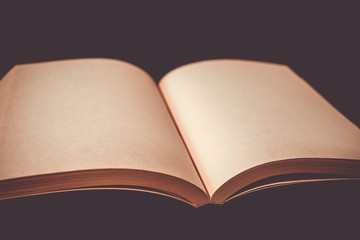 Old open blank book on black background
