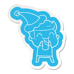 cartoon  sticker of a man laughing wearing santa hat