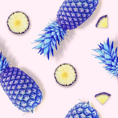 Seamless pattern from a painted bright neon gradient in pineapple, on a pink background. Summer background. Flat lay, top view, copy space. Minimum summer concept.