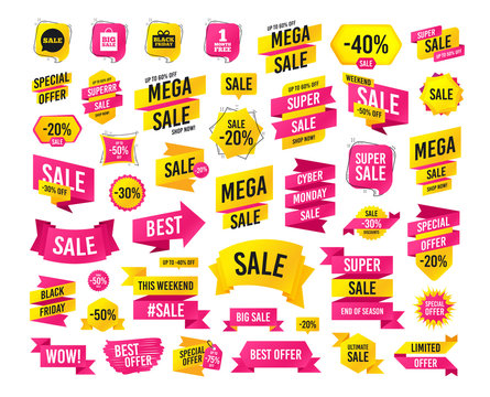 Sales banner. Super mega discounts. Sale speech bubble icon. Black friday gift box symbol. Big sale shopping bag. First month free sign. Black friday. Cyber monday. Vector - Powered by Adobe