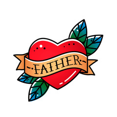 Heart with ribbon and inscription Father. Greeting retro postcard element for father's day. vintage tattoo. flat vector illustration