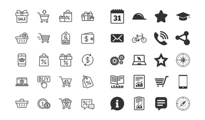 Shopping line icons. Gifts, Presents and Sale offer signs. Shopping cart, Delivery and Tags symbols. Speech bubble, Discount and Wallet. Online buying. Information, calendar and call phone icons