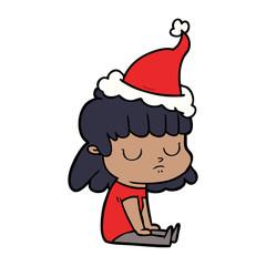 line drawing of a indifferent woman wearing santa hat