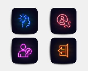 Neon glow lights. Set of Idea, User and Edit user icons. Sign out sign. Professional job, Project manager, Profile data. Logout.  Neon icons. Glowing light banners. Vector