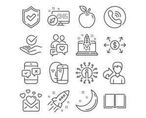 Set of Dating chat, Approved and Start business icons. Book, Face biometrics and Phone survey signs. Love mail, Dollar exchange and Startup rocket symbols. People love, Verified symbol, Launch idea