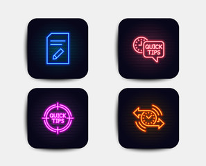 Neon glow lights. Set of Edit document, Quick tips and Tips icons. Timer sign. Page with pencil, Helpful tricks, Quick tricks. Stopwatch.  Neon icons. Glowing light banners. Vector