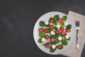 Salad with mozzarella and baby spinach on light ceramic plate, linen napkin and silver fork. Matte...
