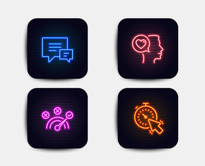 Neon glow lights. Set of Comment, Correct answer and Romantic talk icons. Timer sign. Talk bubbles, Speed symbol, Love chat. Time management.  Neon icons. Glowing light banners. Vector