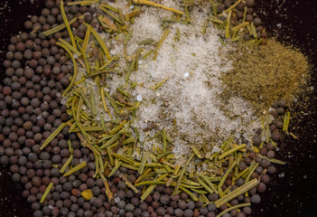 Dried rosemary with black mustard seeds, salt and black pepper powder closeup. Spices background. Organic healthy food. Cuisine and cooking concept. Herbs in kitchen. Aroma herbs and spices top view.