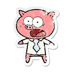 distressed sticker of a cartoon pig shouting