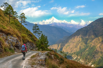 Male tourist backpacker walk through scenic mountain road with view of Himalaya range near Binsar Uttarakhand India.