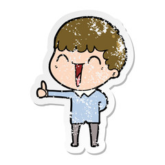 distressed sticker of a cartoon happy man