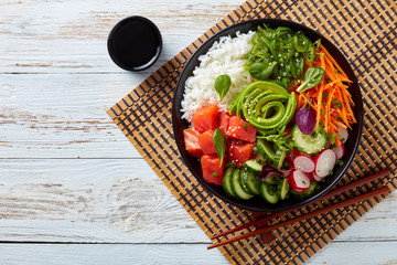 Raw Organic Ahi salmon Poke Bowl, flatlay