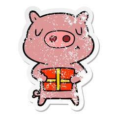 distressed sticker of a cartoon christmas pig