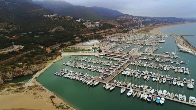 Aerial view of Port Ginesta in Castelldefels. Spain. Drone Photo