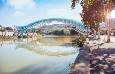 Captivating scene of the bridge of Peace in Tbilisi town.