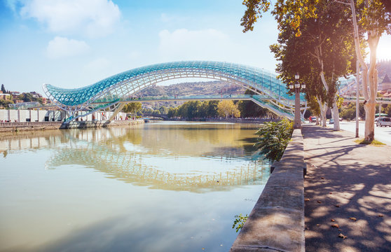 Captivating Scene Of The Bridge Of Peace In Tbilisi Town.