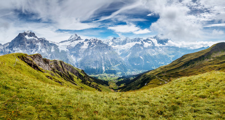A look at the green alpine hill. Location Swiss alps, Grindelwald valley.